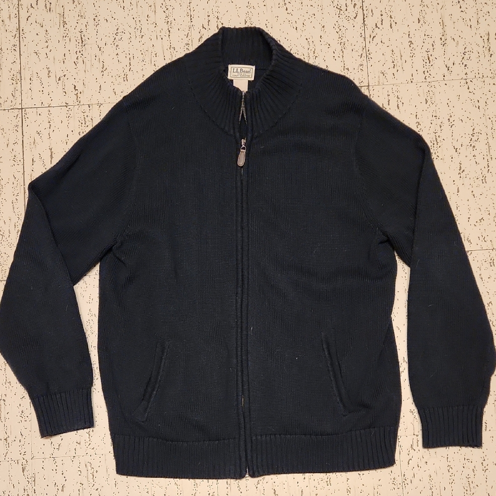 L.L. Bean Navy Blue Cotton Heavy Weight Full Zip Knit Sweater Vintage Y2K